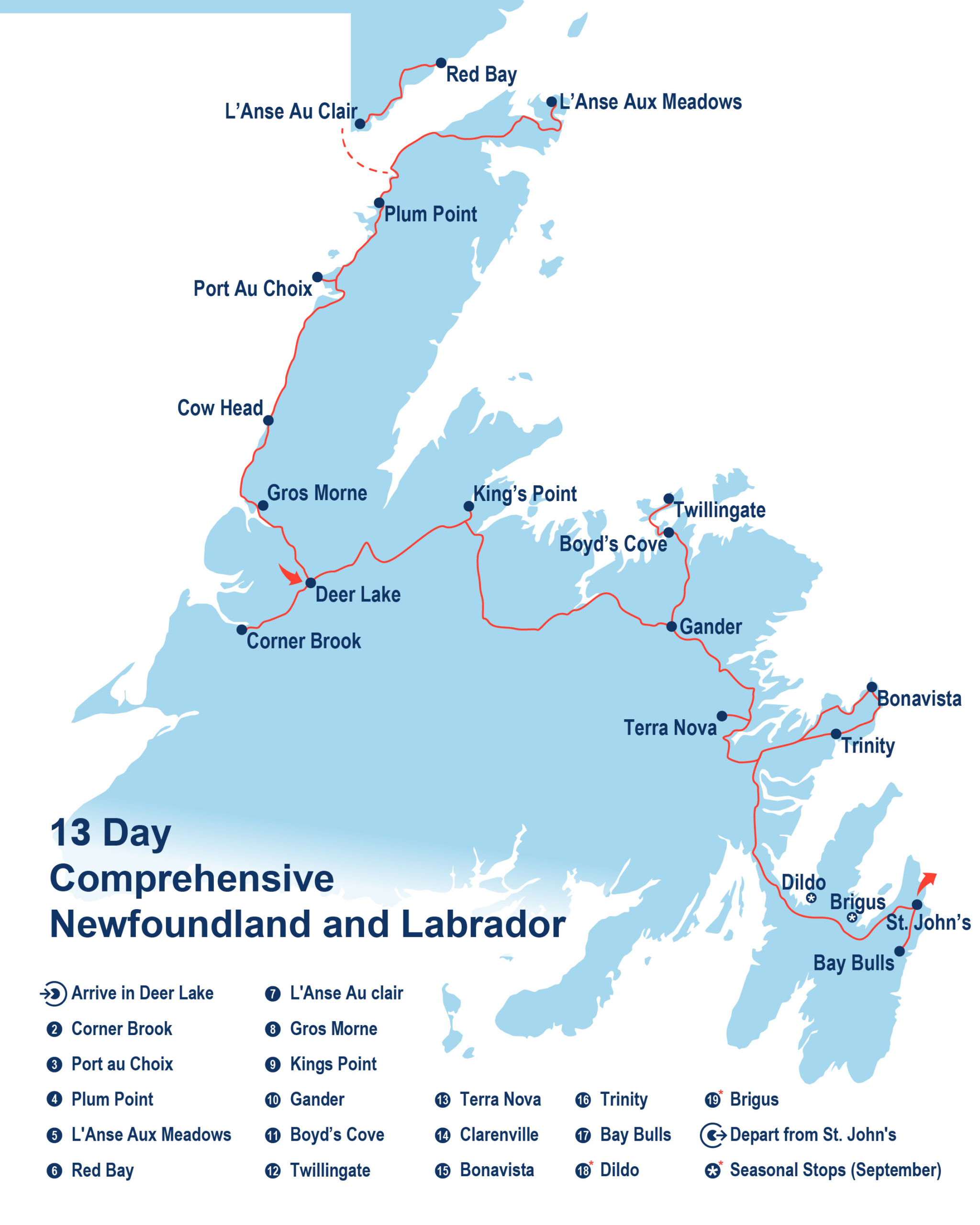 Map of the tour itinerary for the 13 Day Tour